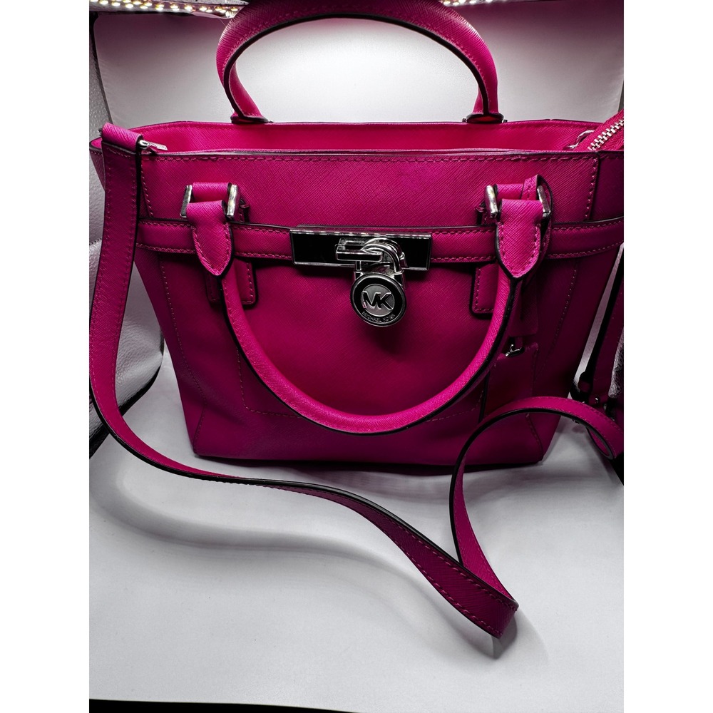 Michael Kors Hamilton Satchel Bag Purse Fuchsia Pink‎ Silver Hardware